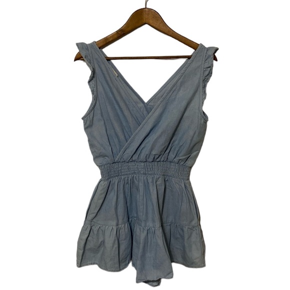 "New In" Surplice Ruffle Romper in Blue Denim Wash - Picture 2 of 13